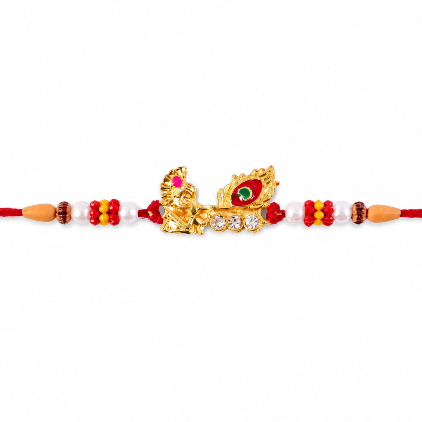 Lord Krishna with Peacock Feather Golden Rakhi with AD Stones for Brother