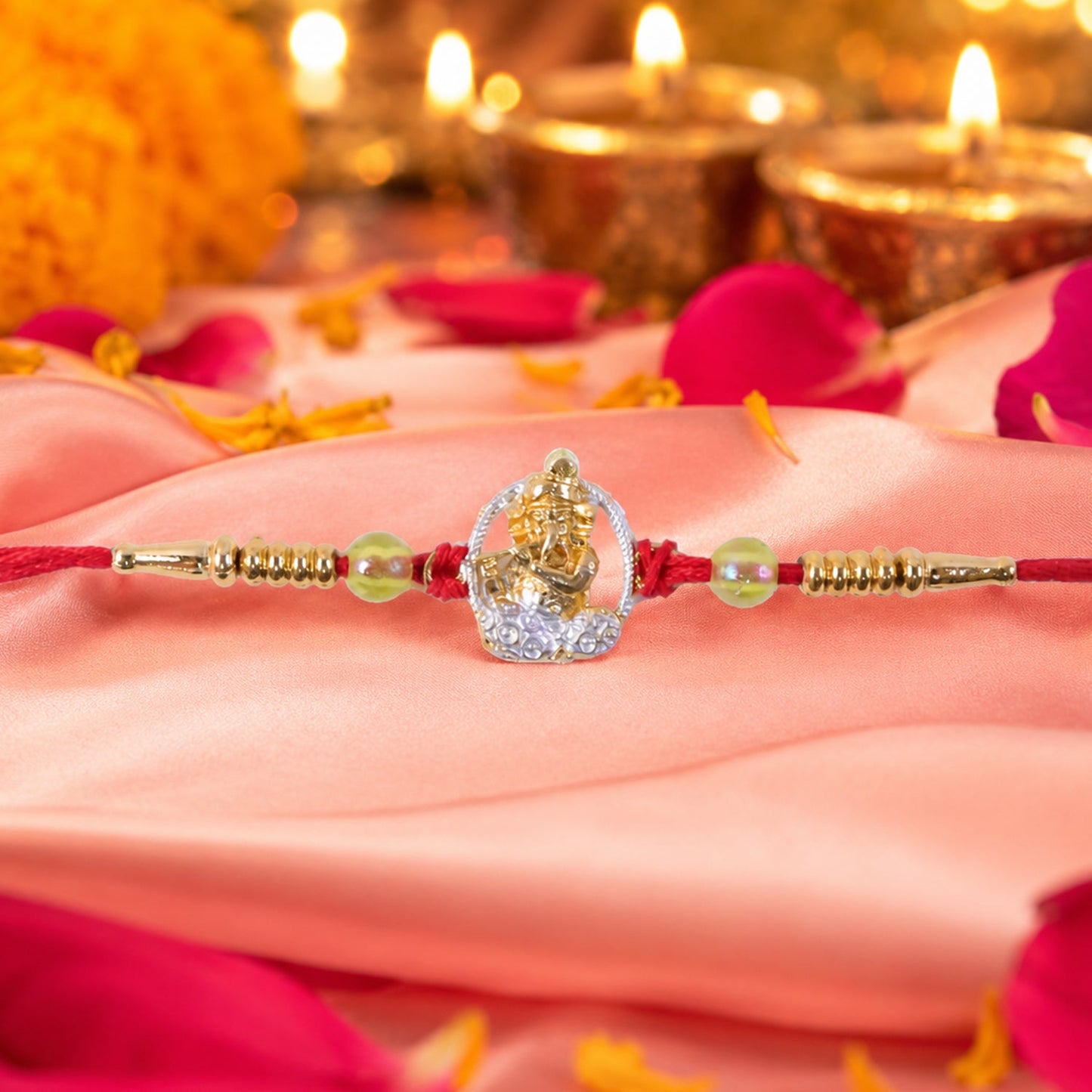 Bal Krishna Golden Rakhi with AD Stone Frame & Beads for Brother