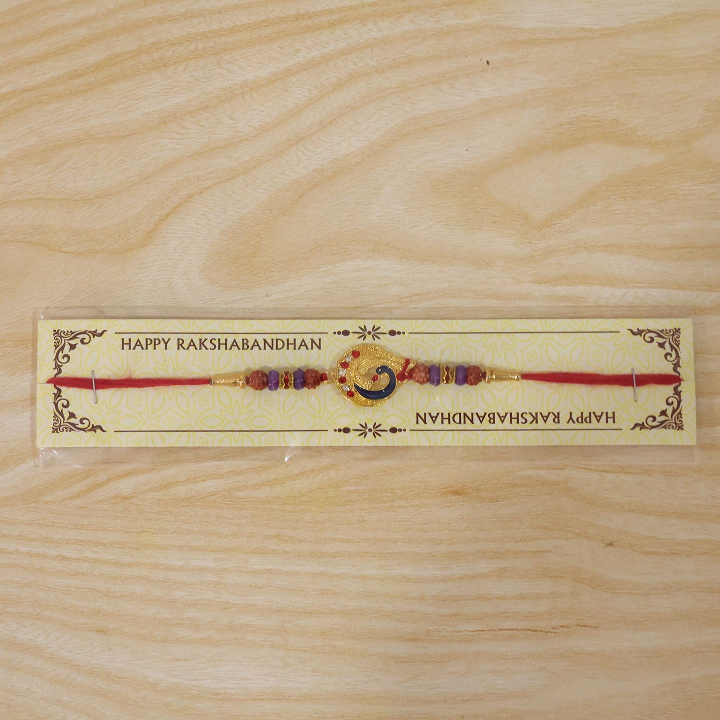 Golden Peacock Meenakari Rakhi with Rudraksha & Beads for Brother
