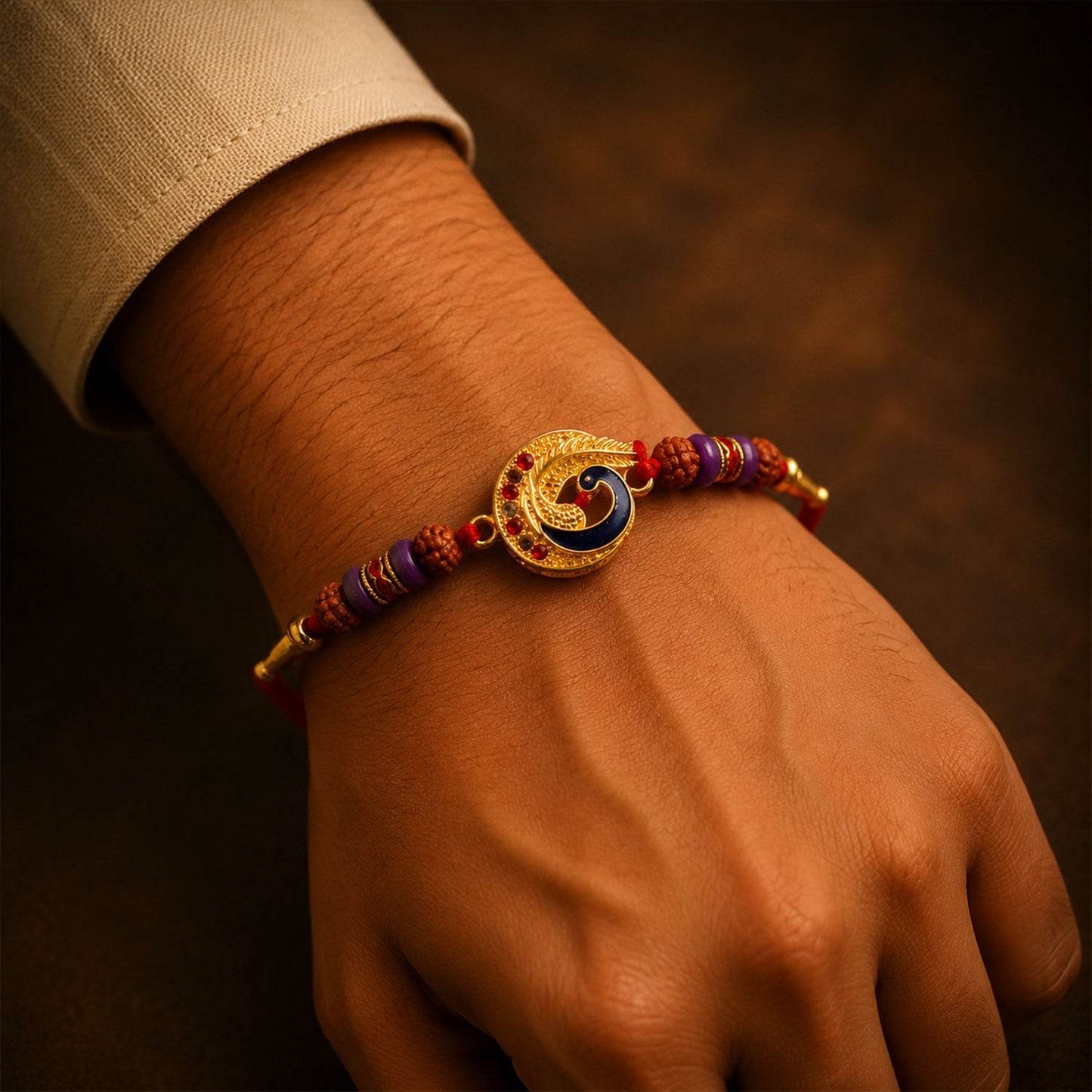 Golden Peacock Meenakari Rakhi with Rudraksha & Beads for Brother