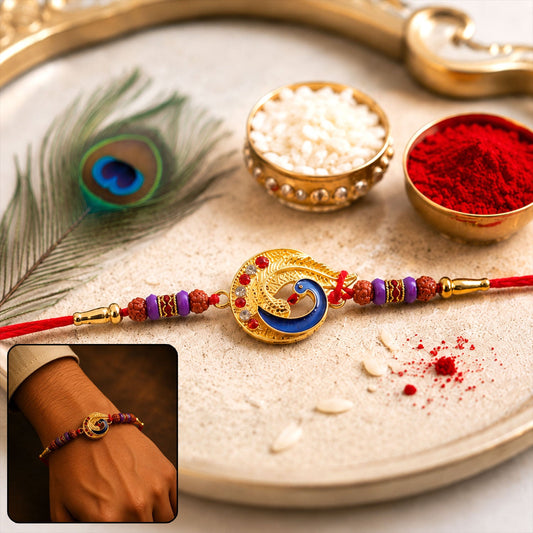 Golden Peacock Meenakari Rakhi with Rudraksha & Beads for Brother