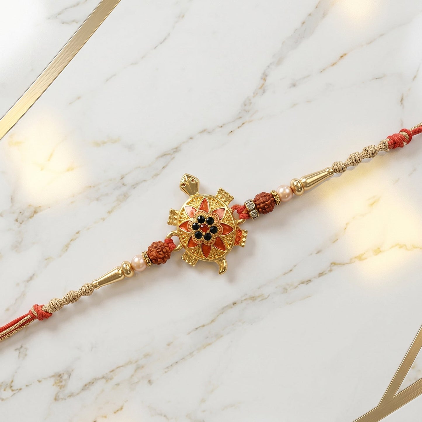 Auspicious Golden Tortoise Rakhi with Stones & Beads for Brother
