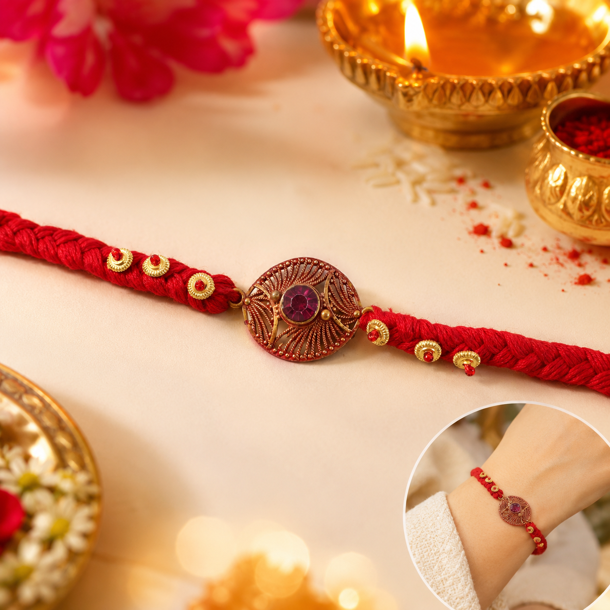 Handcrafted Woven Thread Rakhi with Purple Stone for Brother