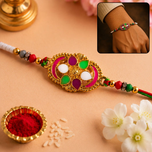 Colourful Oval Meenakari Rakhi with Beads for Brother - Raksha Bandhan Special