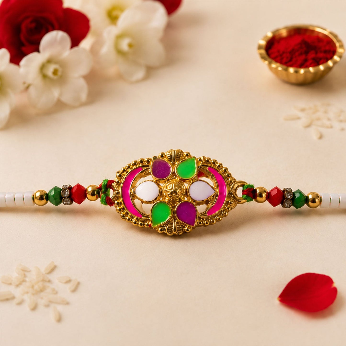 Colourful Oval Meenakari Rakhi with Beads for Brother - Raksha Bandhan Special