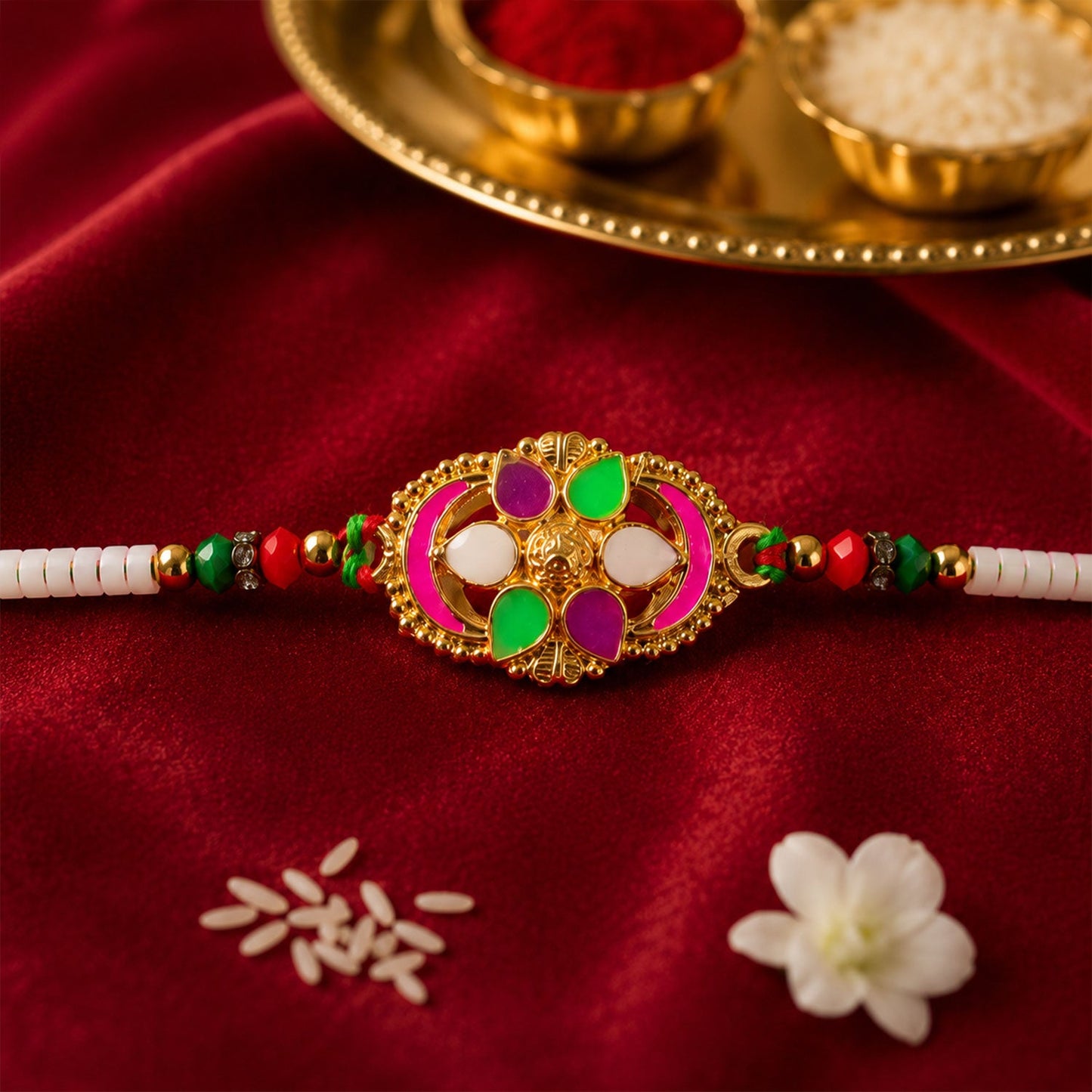 Colourful Oval Meenakari Rakhi with Beads for Brother - Raksha Bandhan Special