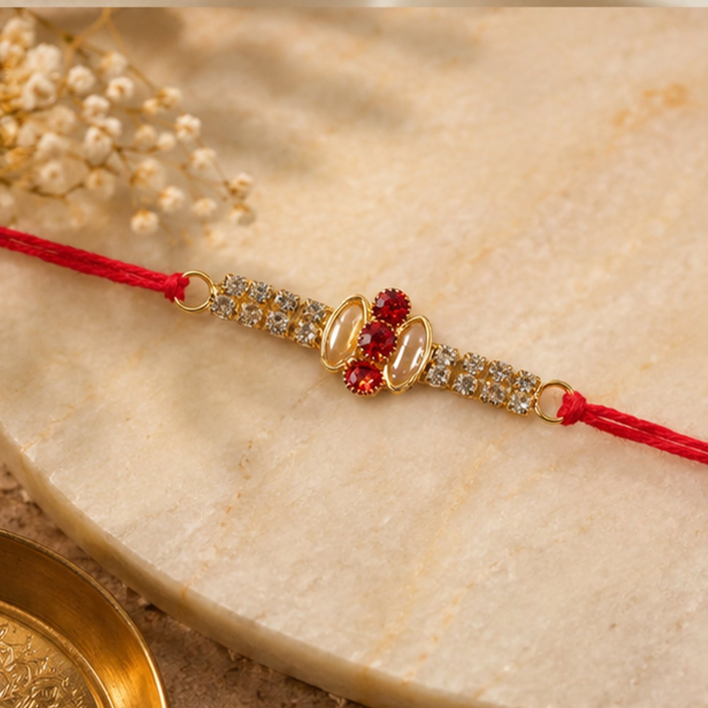 Detailed view of the AD studded band on the gold rakhi