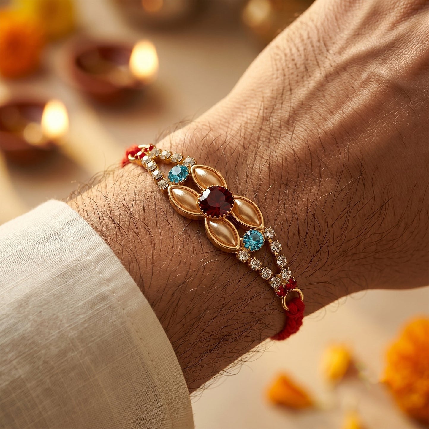 Designer Gold & Silver AD Stone Floral Rakhi for Brother