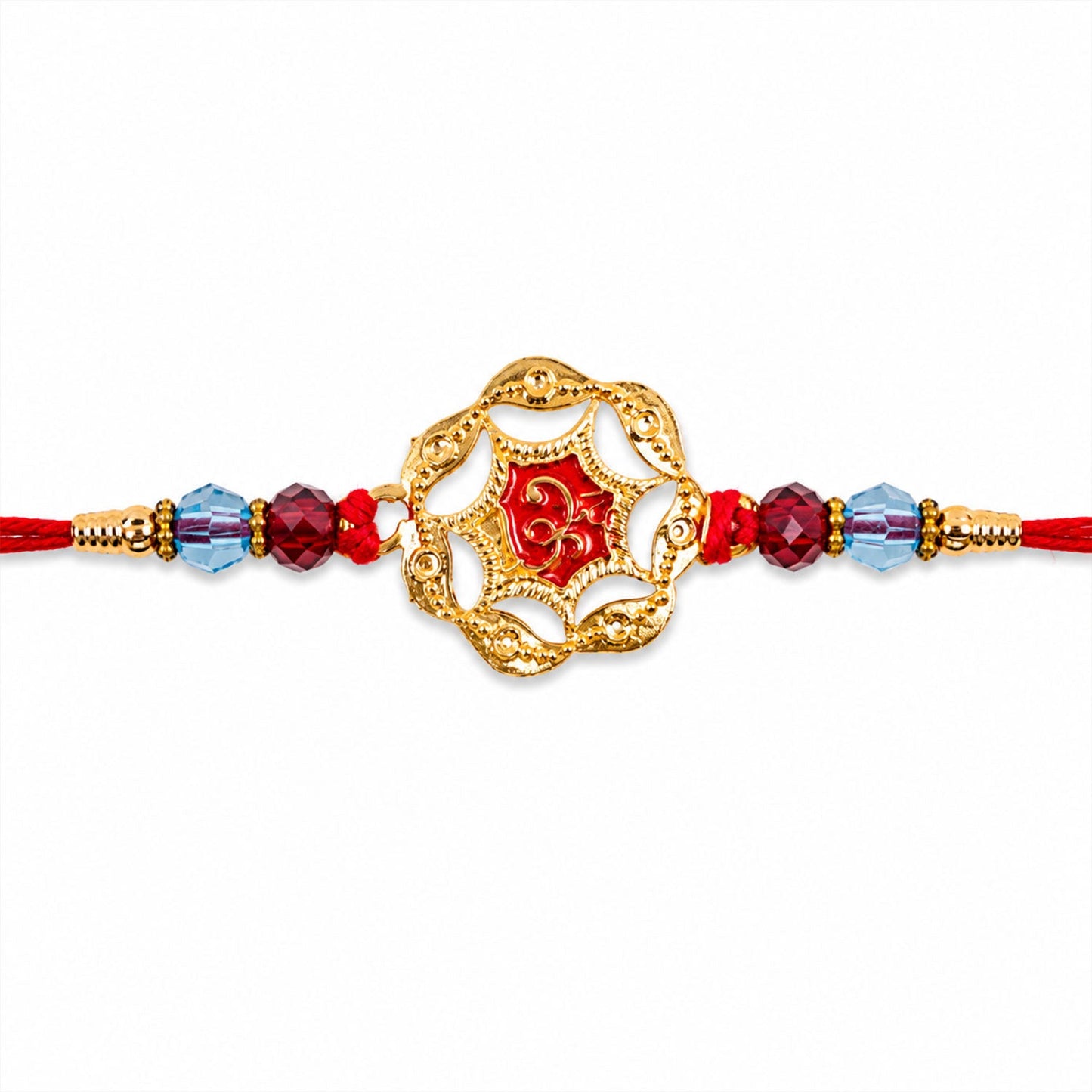 Golden Floral Rakhi with Red Stone & Crystal Beads for Brother