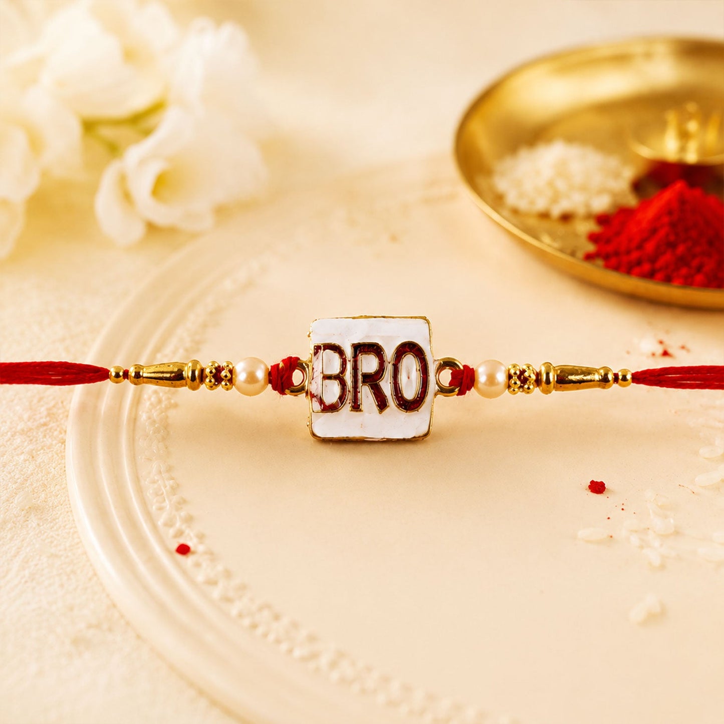Stylish 'BRO' Text Rakhi with Pearls for Brother - Rakshabandhan Gift