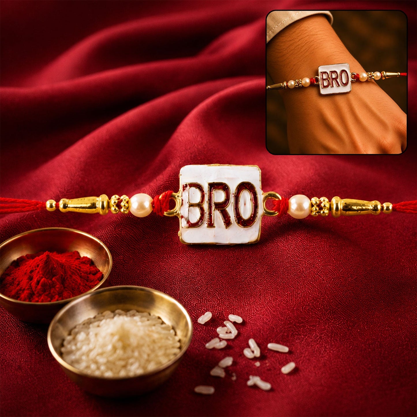 Stylish 'BRO' Text Rakhi with Pearls for Brother - Rakshabandhan Gift