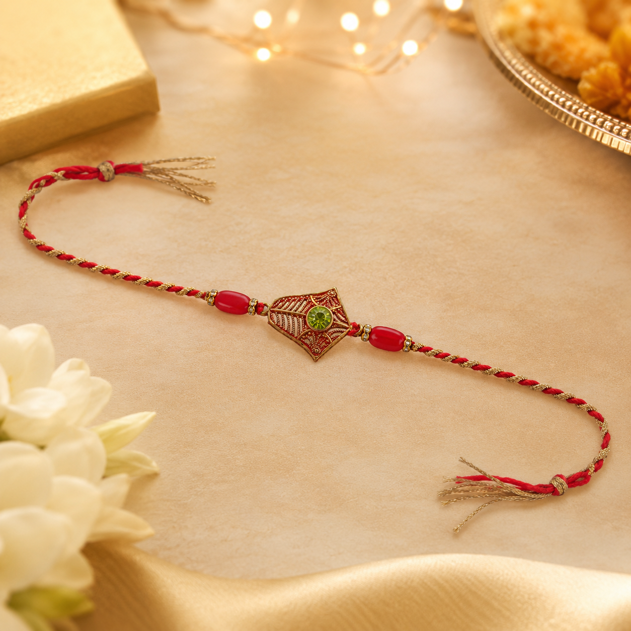 Golden Floral Rakhi with Green Stone & Red Beads for Brother