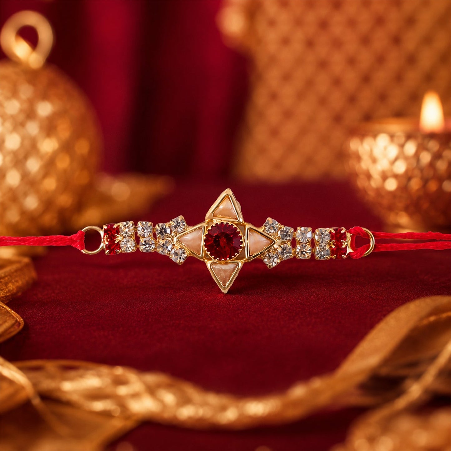 Sparkling Gold Marquise Rakhi with Red Stone & AD for Brother