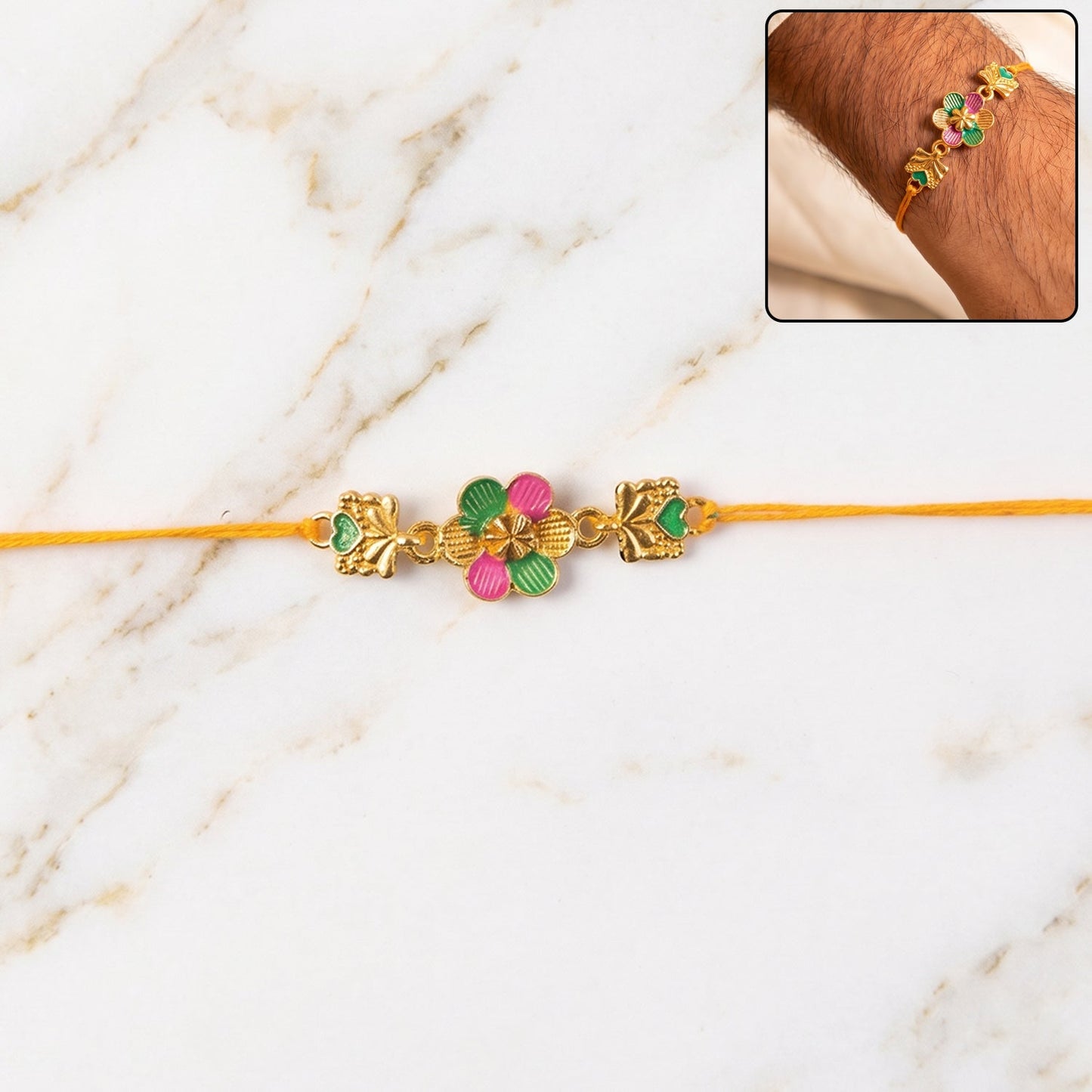Golden Meenakari Flower Rakhi with Leaf Design for Brother