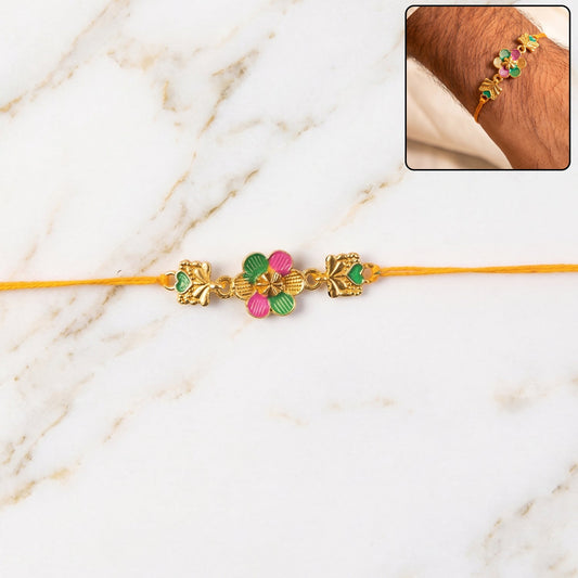 Golden Meenakari Flower Rakhi with Leaf Design for Brother