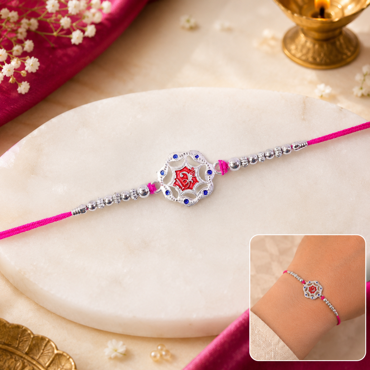 Silver-Tone Floral Rakhi with Red Stone for Brother - Rakshabandhan Gift