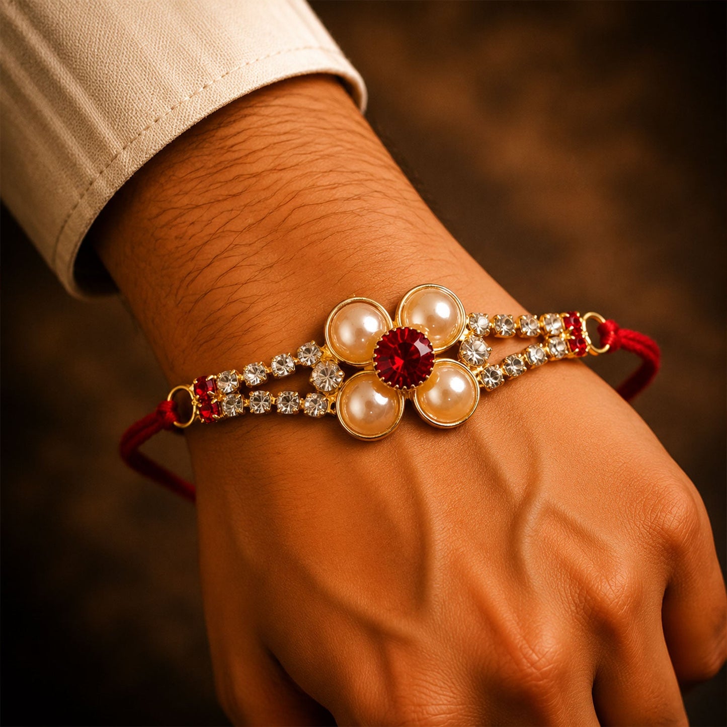 Designer Gold Pearl Flower Rakhi with AD Stones for Brother