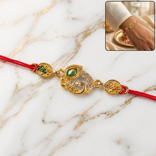 Golden Peacock AD Stone Rakhi with Meenakari for Brother