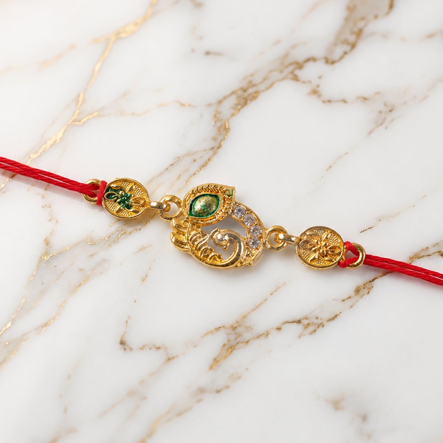 Golden Peacock AD Stone Rakhi with Meenakari for Brother