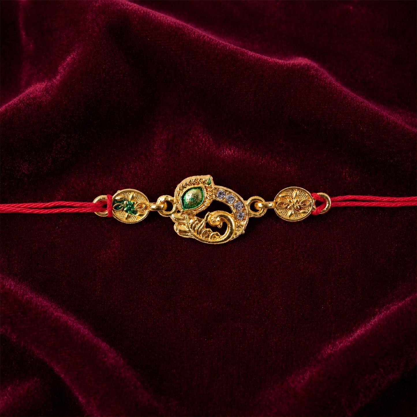 Golden Peacock AD Stone Rakhi with Meenakari for Brother