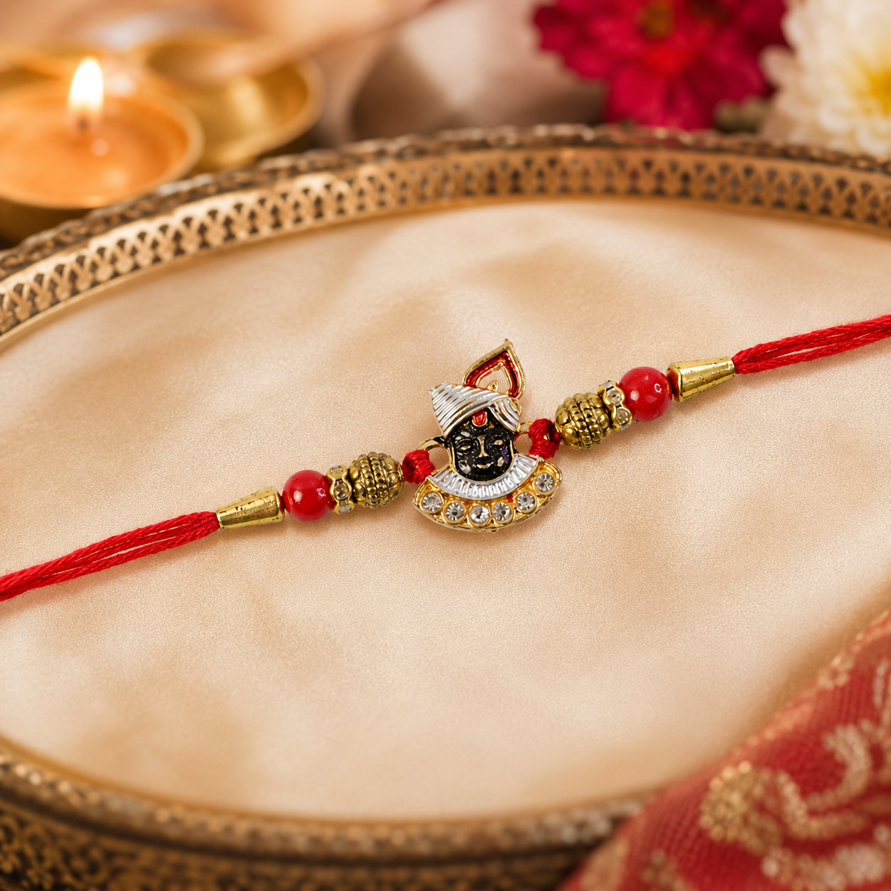 Divine Face Rakhi with AD Stones & Red Beads for Brother