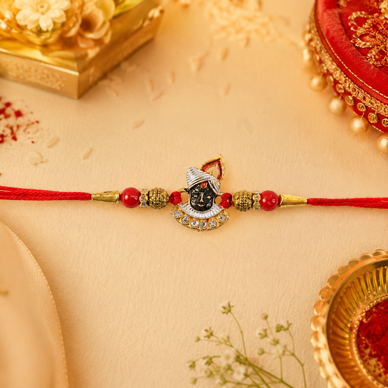 Divine Face Rakhi with AD Stones & Red Beads for Brother