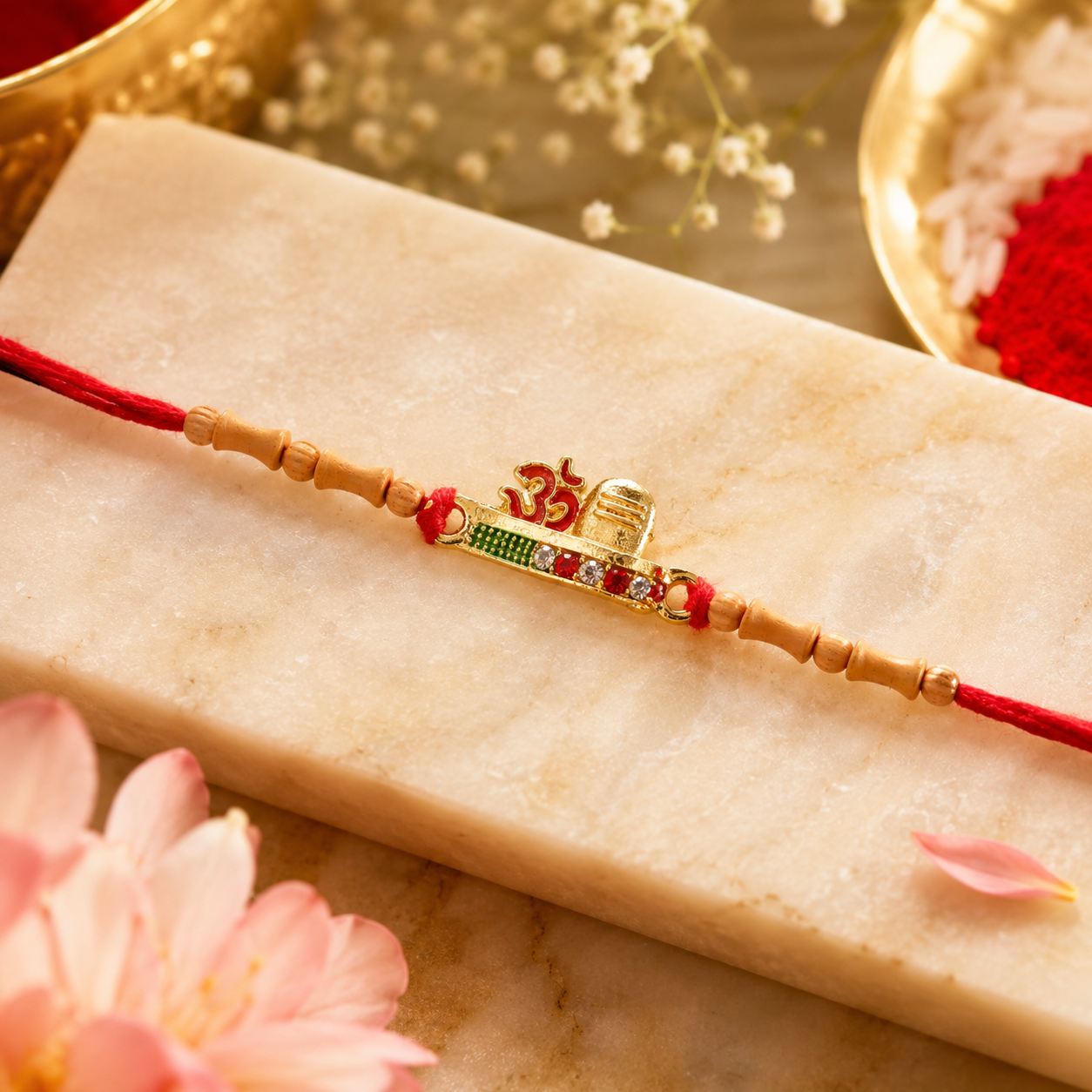 Simple Golden Om Rakhi with Beads for Brother - Raksha Bandhan Special