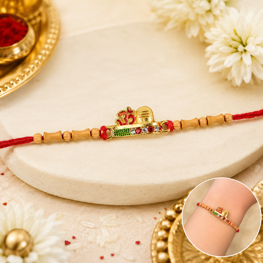 Simple Golden Om Rakhi with Beads for Brother - Raksha Bandhan Special