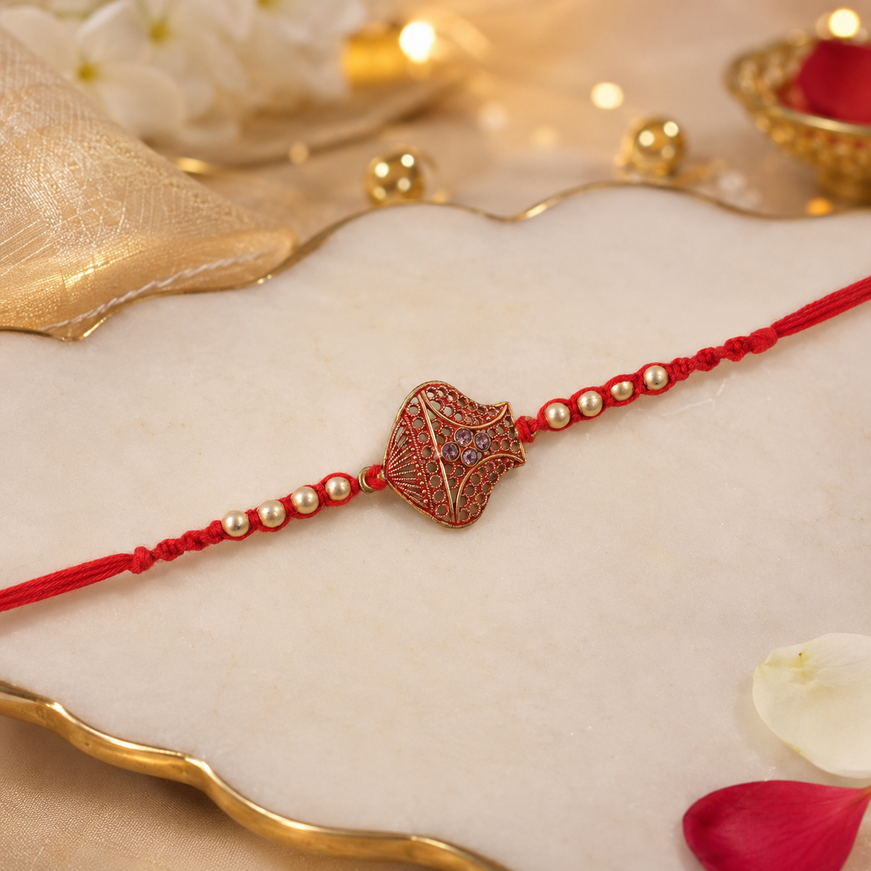 Antique Leaf-Shaped Jali Rakhi with Golden Beads for Brother