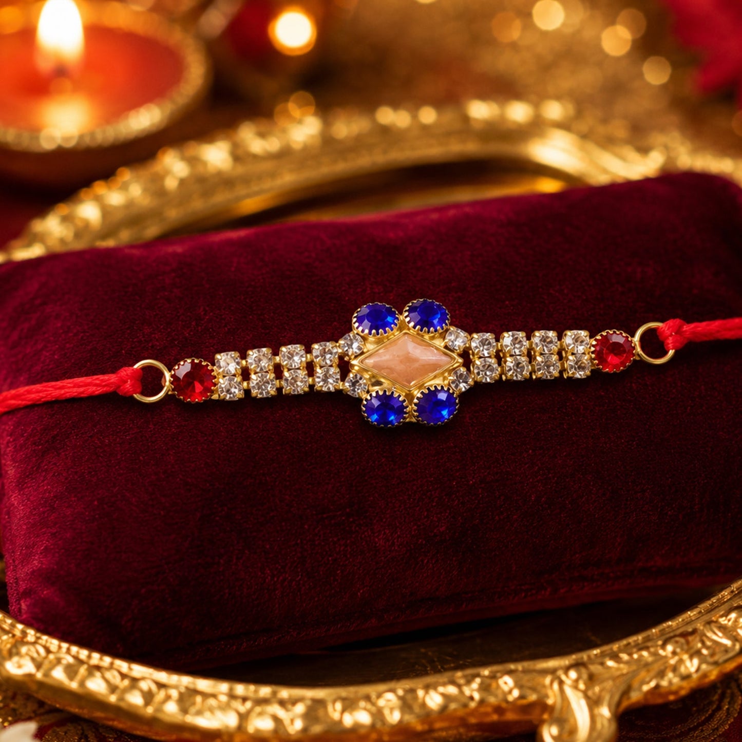 Royal Blue & White AD Stone Rakhi for Brother - Rakshabandhan Gift