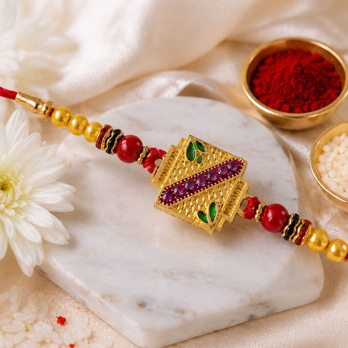 Golden Square Meenakari Rakhi with Beads for Brother