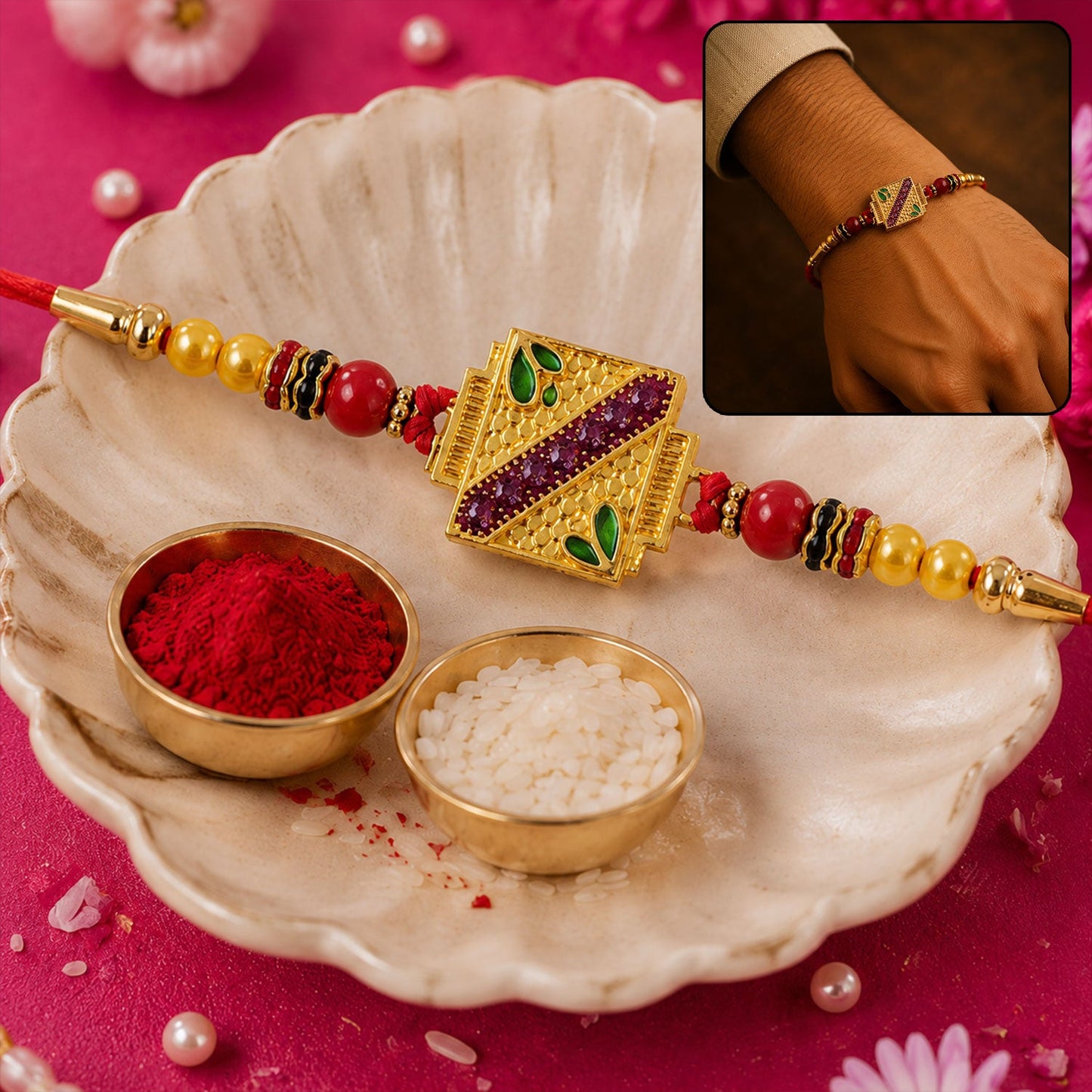Golden Square Meenakari Rakhi with Beads for Brother