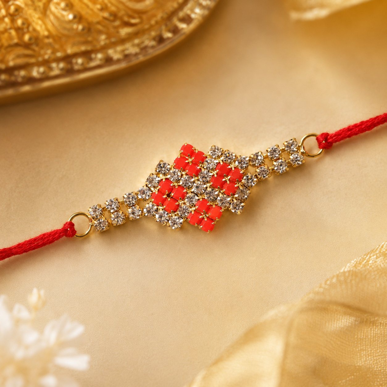 Sparkling AD Stone Band Rakhi with Red Stones for Brother