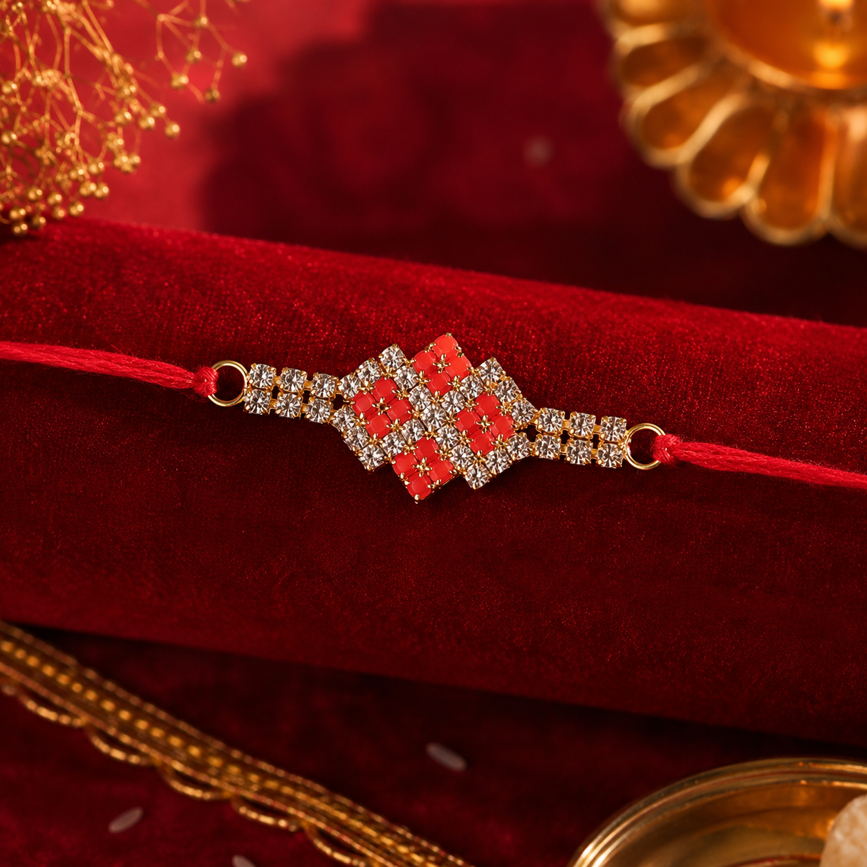 Sparkling AD Stone Band Rakhi with Red Stones for Brother