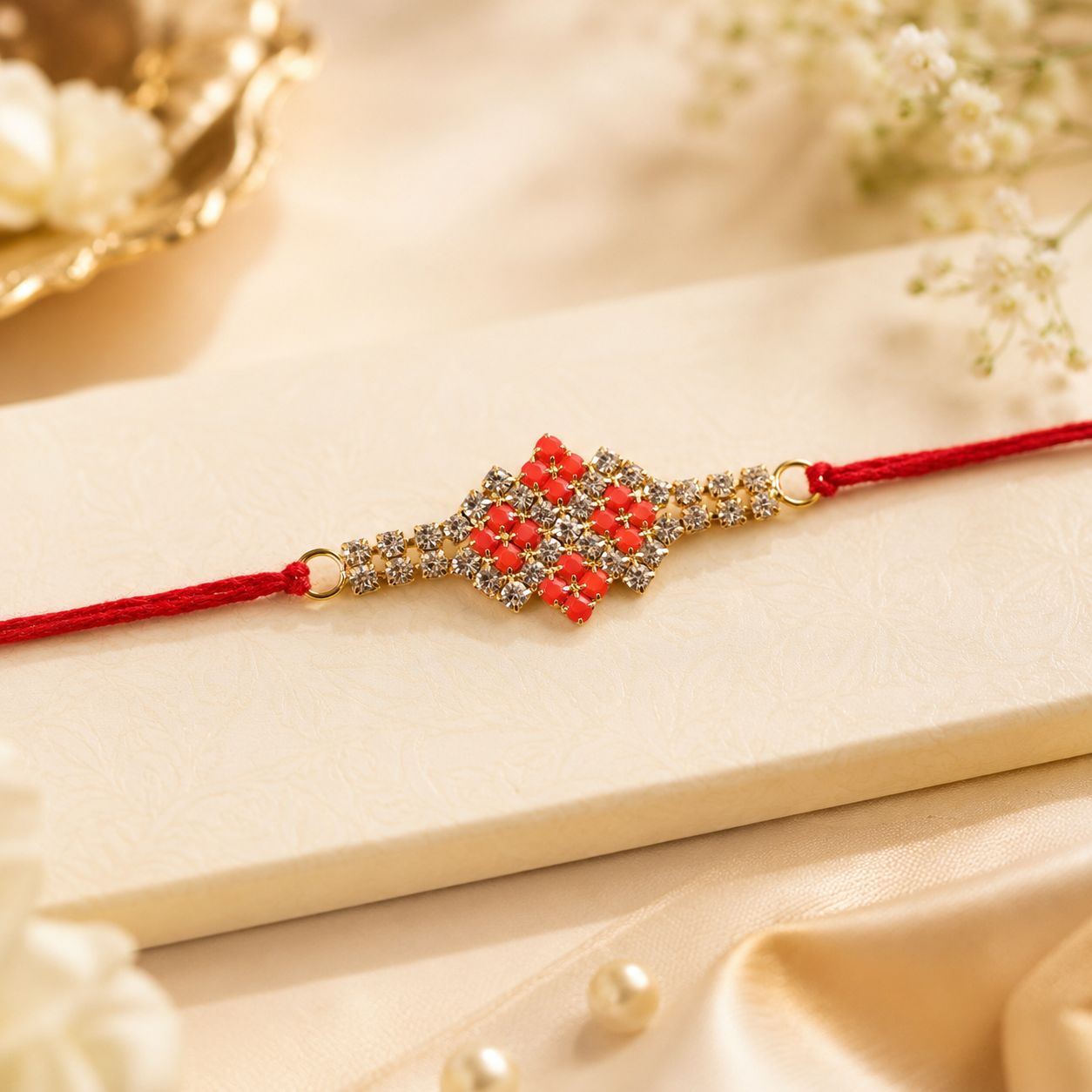 Sparkling AD Stone Band Rakhi with Red Stones for Brother