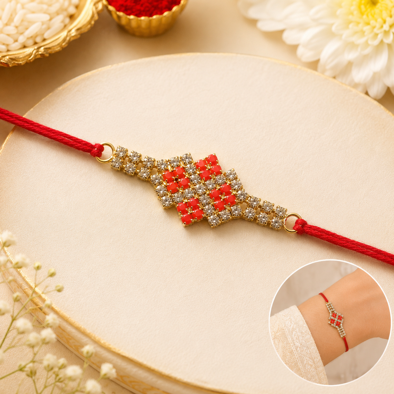 Sparkling AD Stone Band Rakhi with Red Stones for Brother