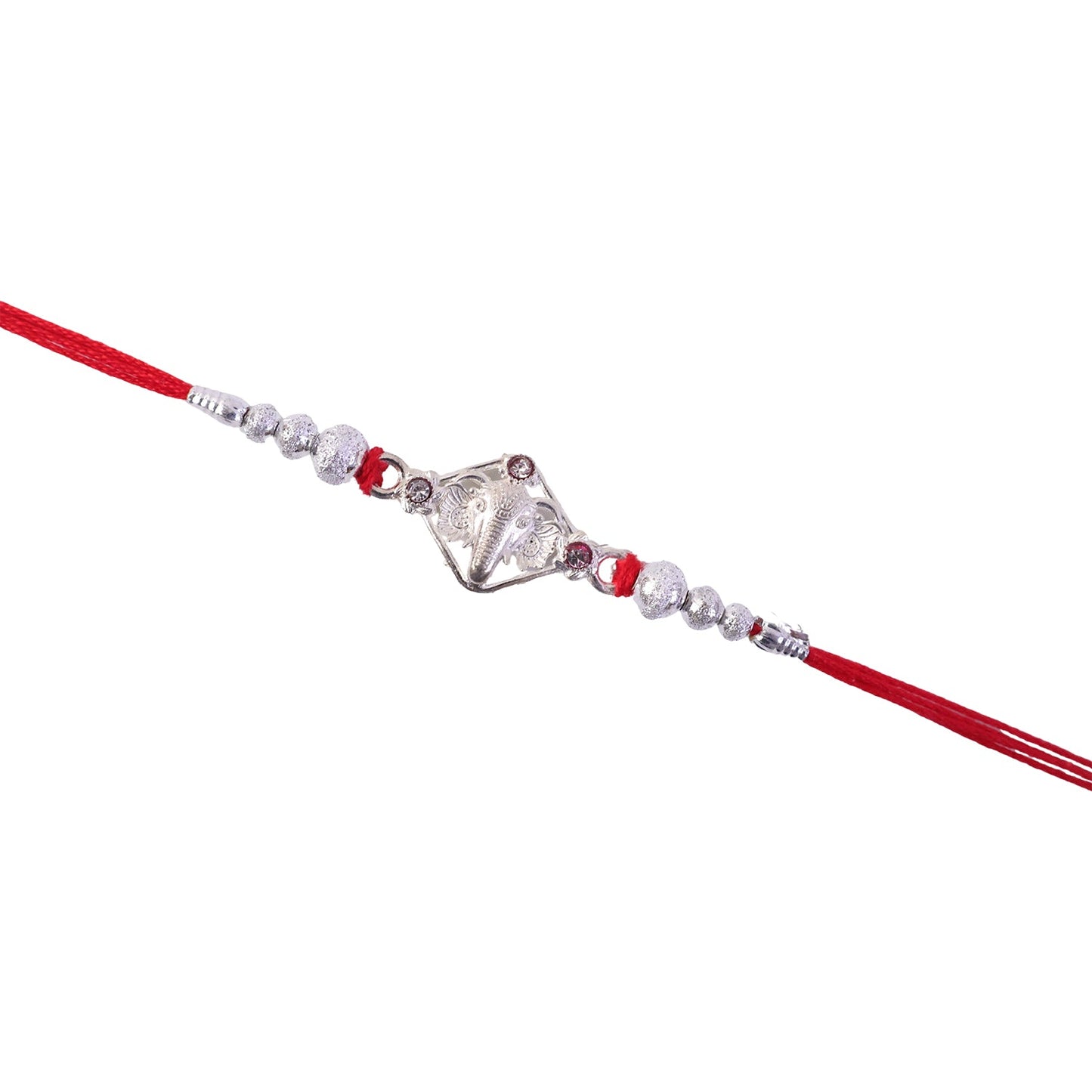 Silver-Tone Ganehsa Rakhi with Red Stone & Pearls for Brother