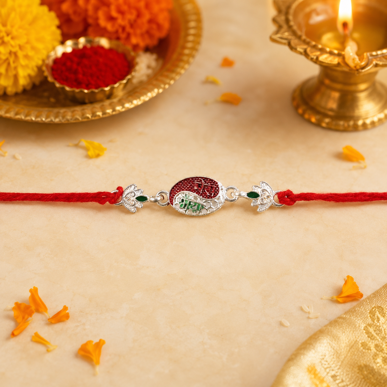 Silver Oval Meenakari Mere BhaiyaText Rakhi for Brother - Rakshabandhan Gift