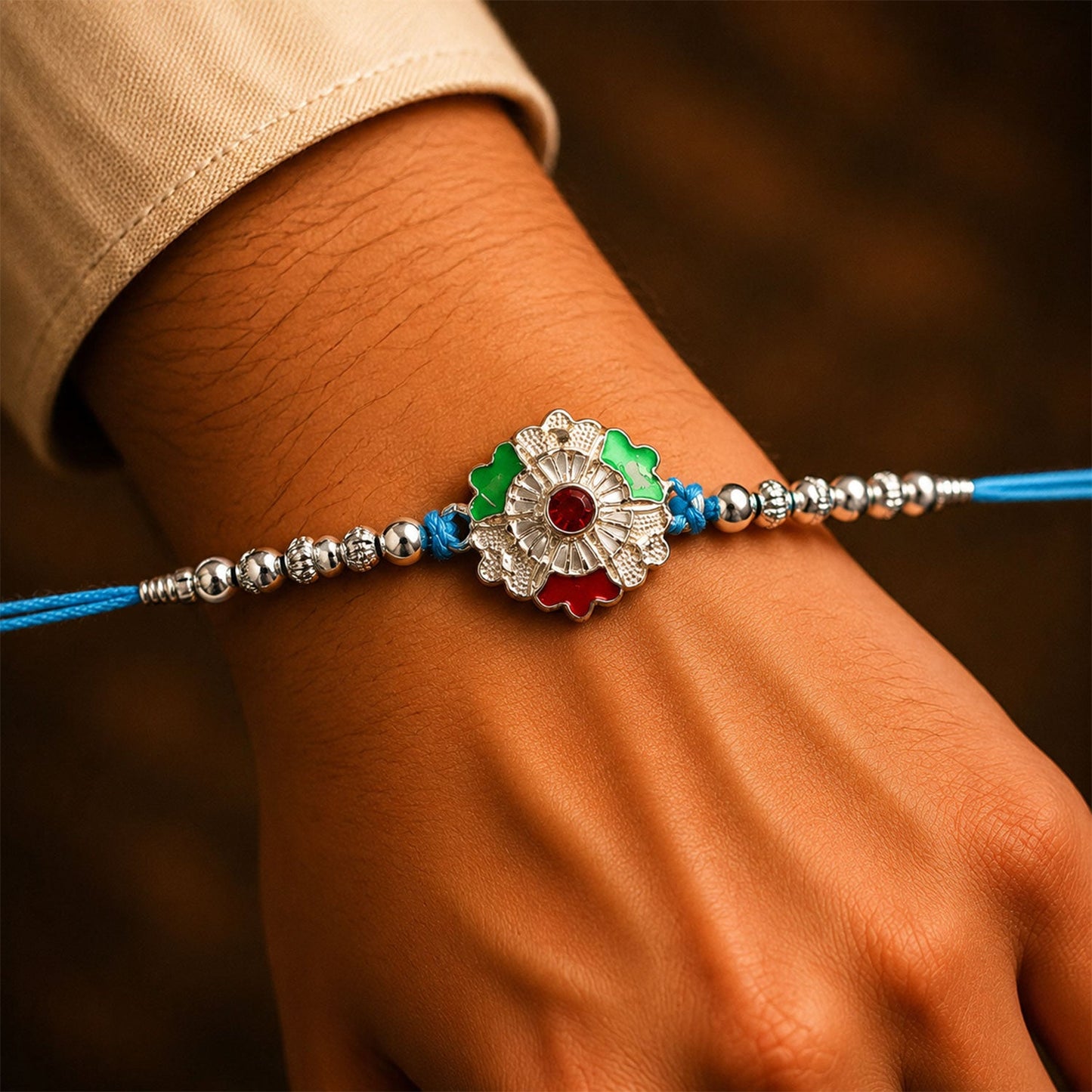 Silver Meenakari Floral Rakhi with Beads for Brother