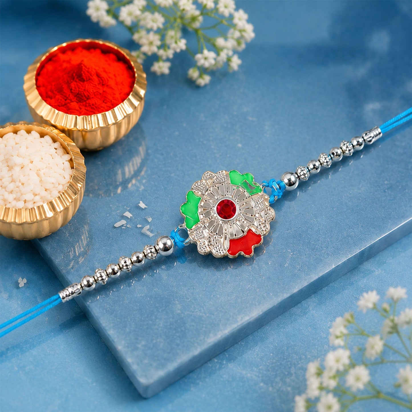 Silver Meenakari Floral Rakhi with Beads for Brother