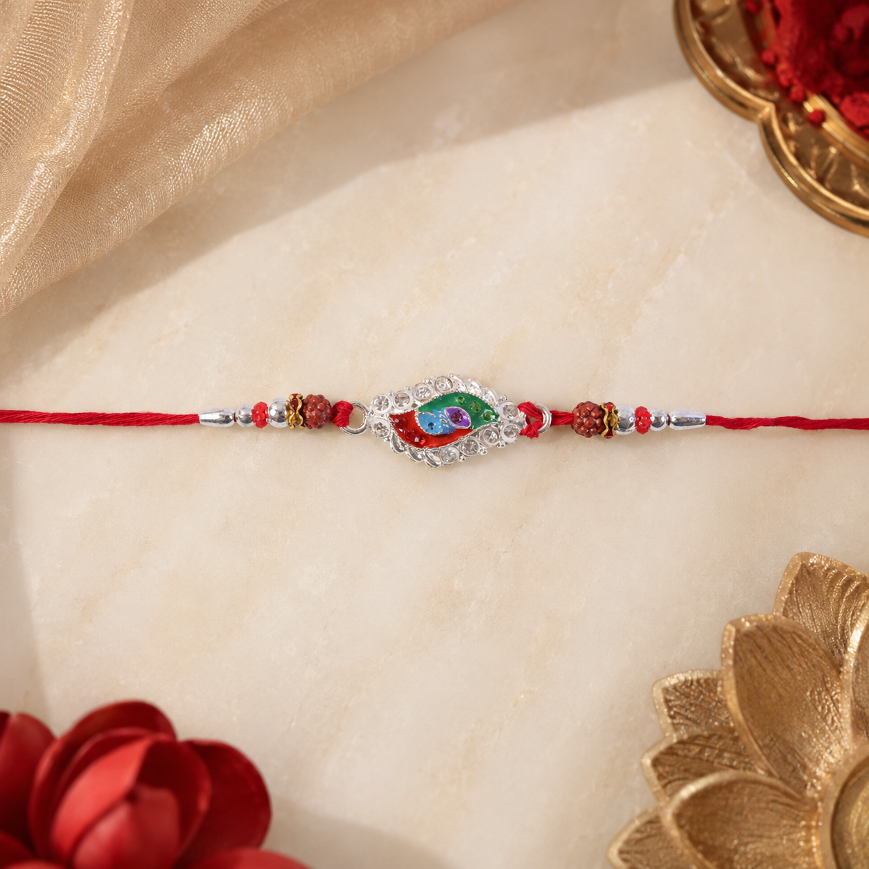 Silver Meenakari Marquise Rakhi with Beads for Brother