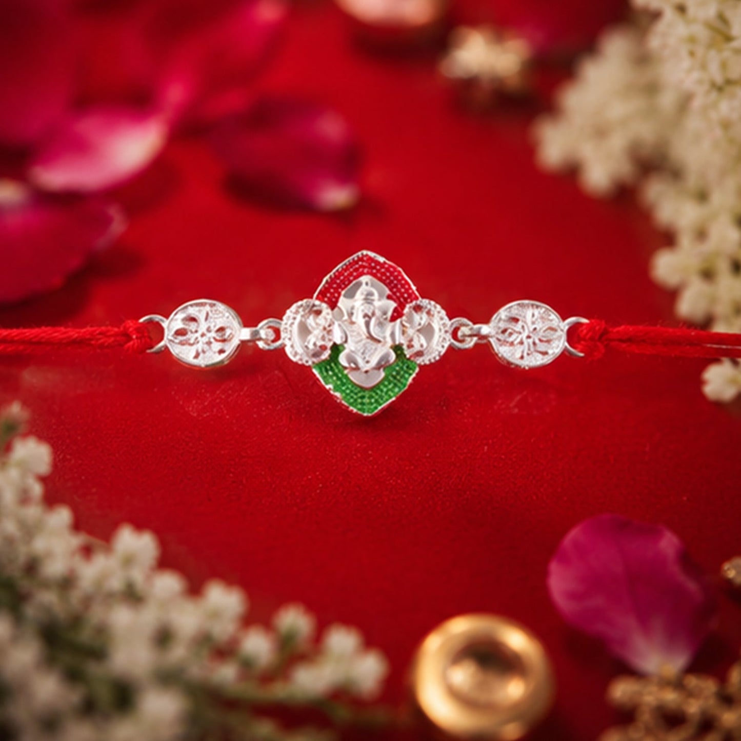 Silver Lord Ganesha Meenakari Rakhi for Brother - Rakshabandhan Gift
