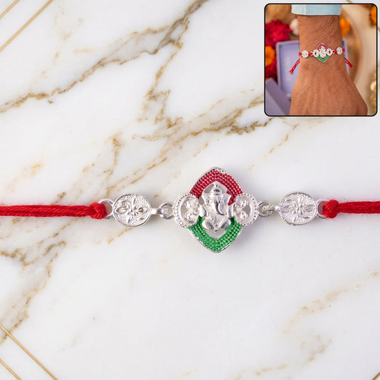 Silver Lord Ganesha Meenakari Rakhi for Brother - Rakshabandhan Gift