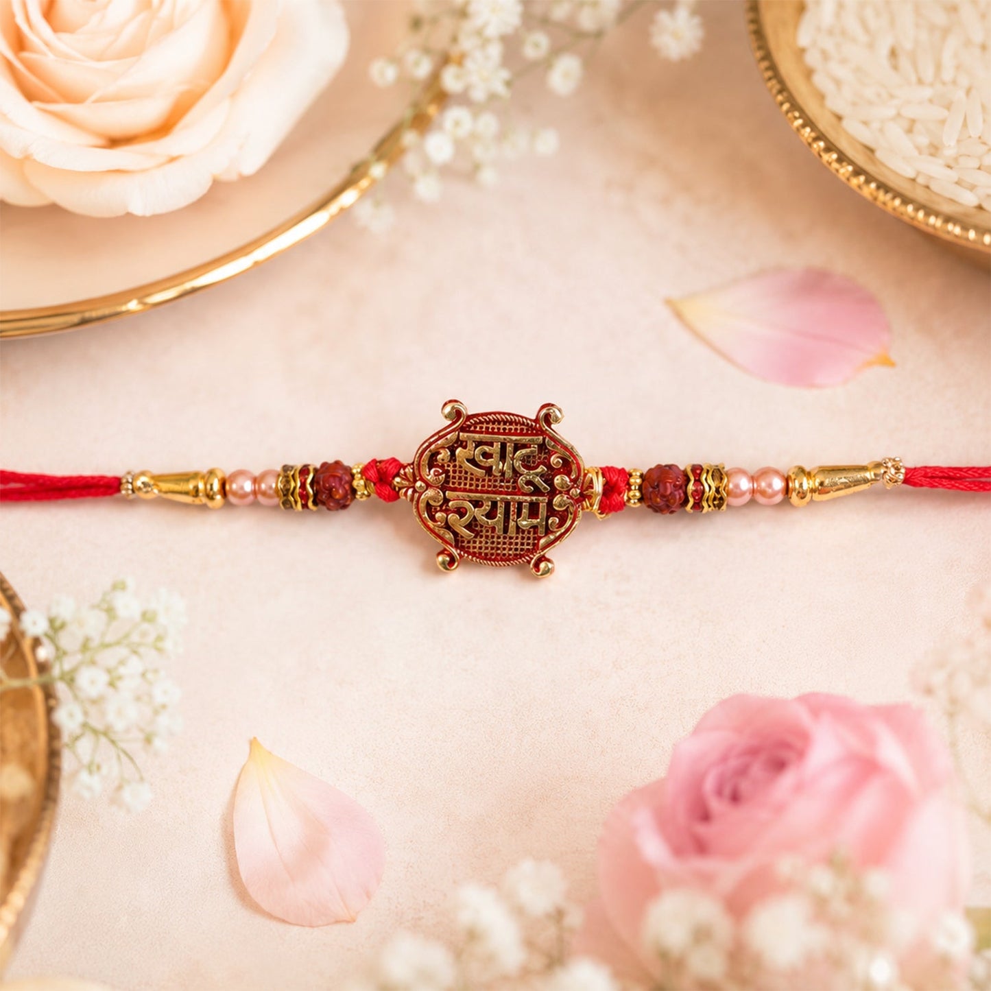 Khatu Shyam Antique Maroon Meenakari Pendant Rakhi with Rudraksha Beads