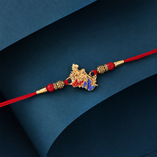 Golden Peacock (Mor) Rakhi with Blue Enamel & Red Beads