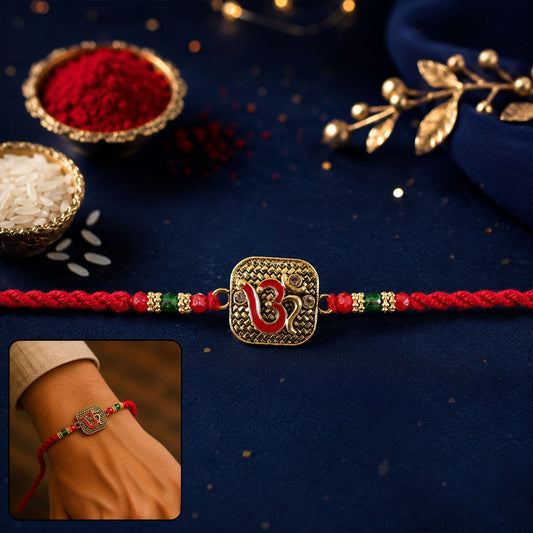 Antique Red Om (?) Square Pendant Rakhi on Braided Thread