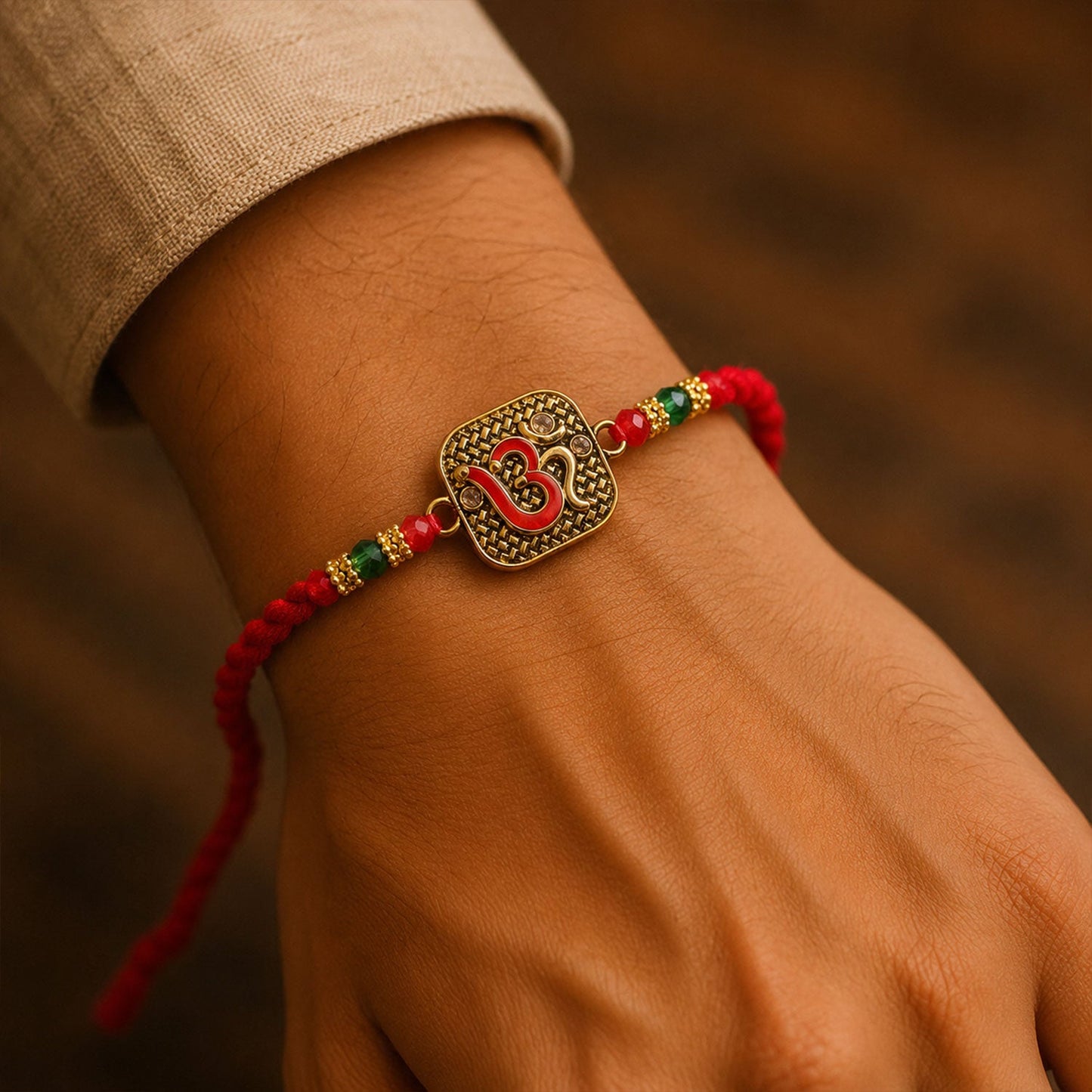 Antique Red Om (?) Square Pendant Rakhi on Braided Thread