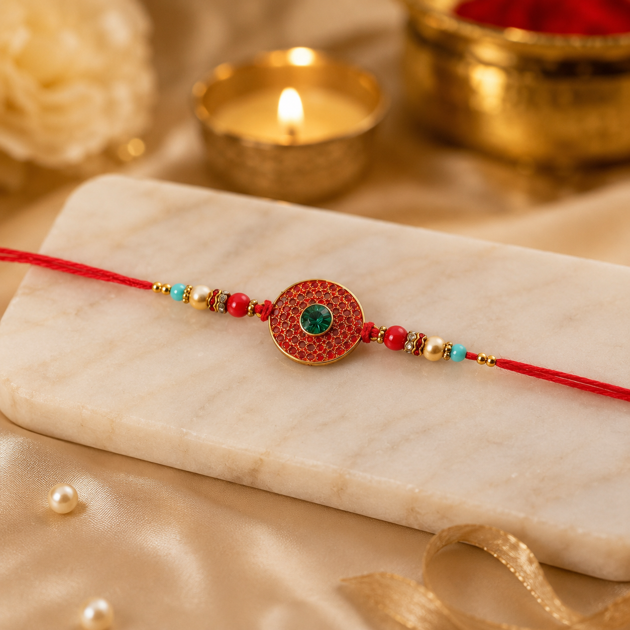 Bohemian Turquoise & Red Beaded Disc Rakhi