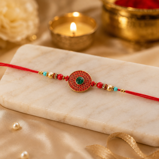 Bohemian Turquoise & Red Beaded Disc Rakhi