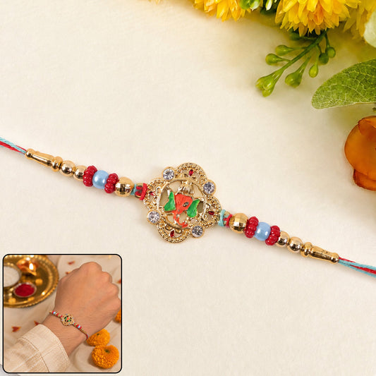 Colourful Floral Kundan Rakhi with Green Peacock Accent